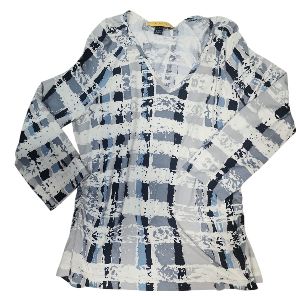 ST.JOHN Abstract Pattern Blue and Gray 3/4 Sleeves Top. M - Picture 4 of 9